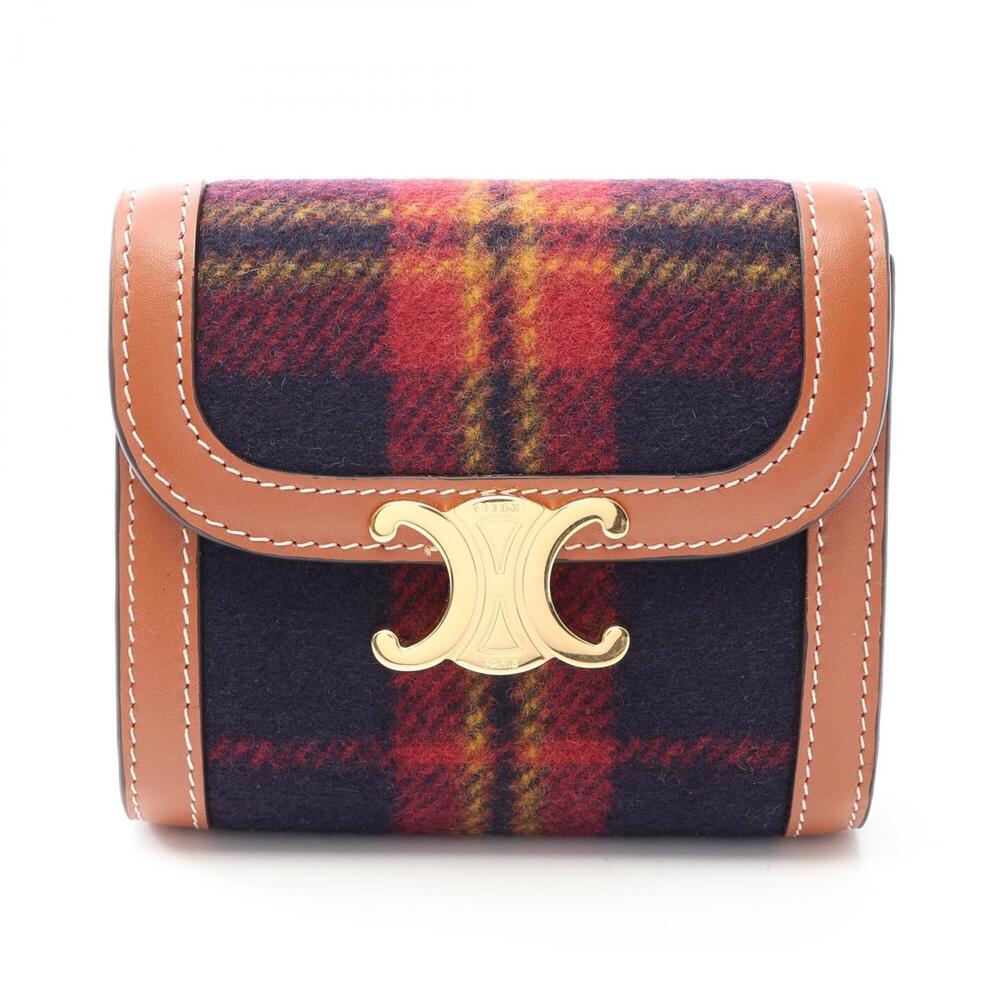 Celine Triomphe Tartan Check Small Flap Wallet, Tri-fold Wool Leather, Women'...